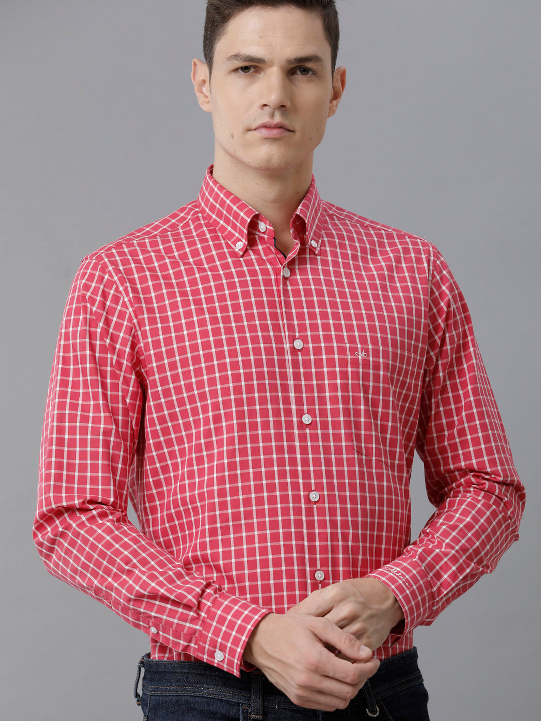 Aldeno Mens Slim Fit Check Pink/White Casual Cotton Shirt (CLARA)