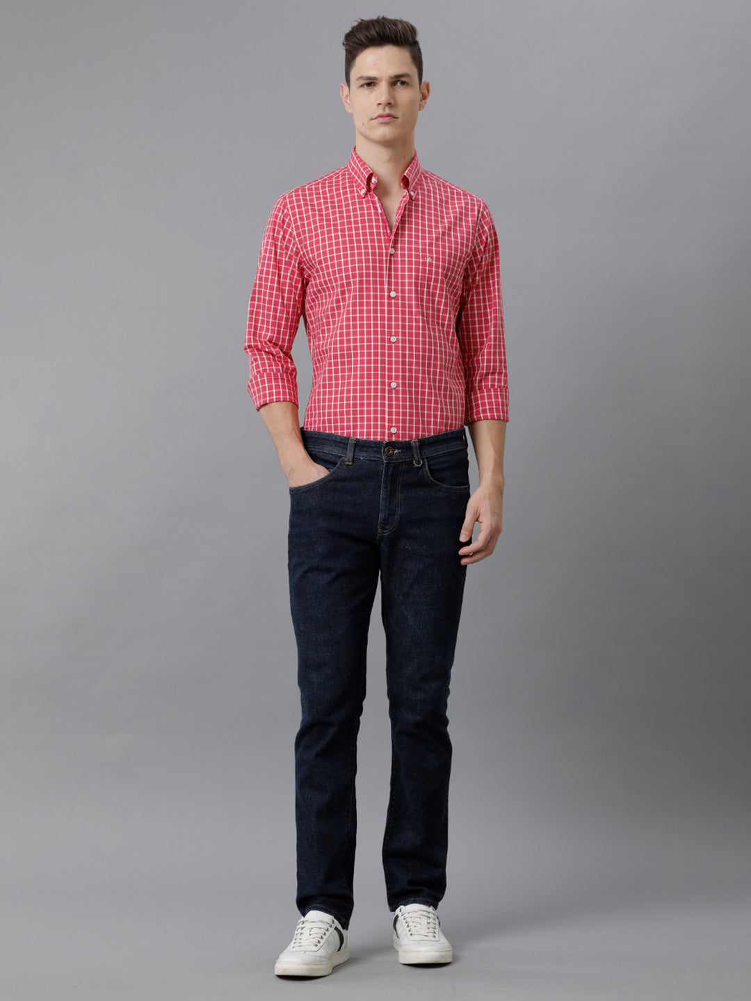 Aldeno Mens Slim Fit Check Pink/White Casual Cotton Shirt (CLARA)