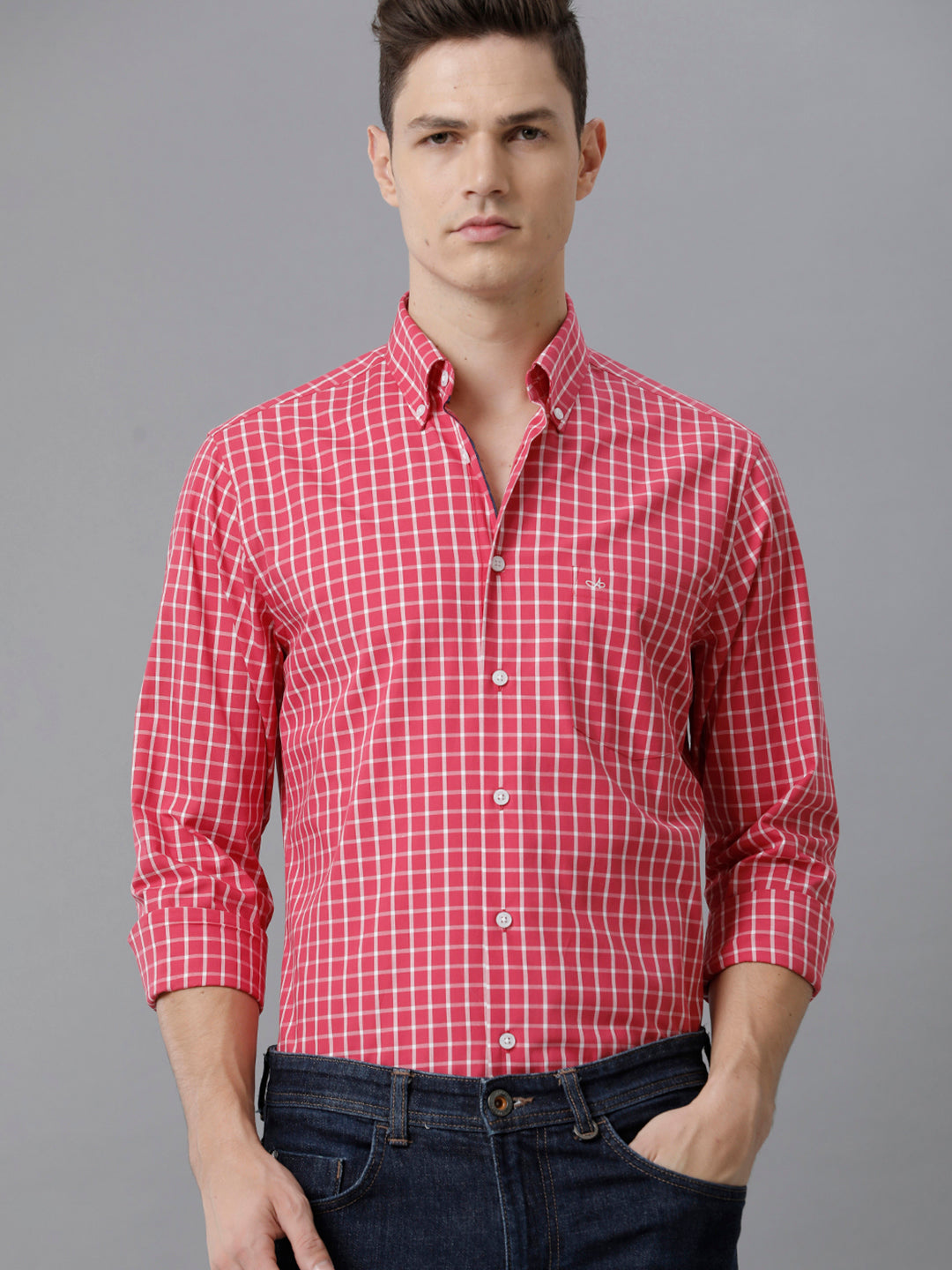 Aldeno Mens Slim Fit Check Pink/White Casual Cotton Shirt (CLARA)