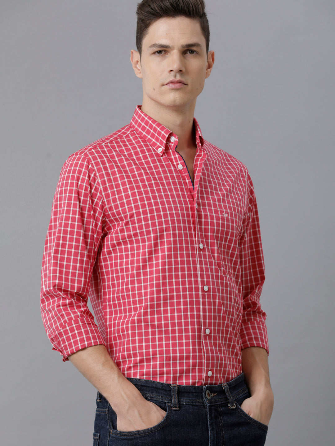 Aldeno Mens Slim Fit Check Pink/White Casual Cotton Shirt (CLARA)