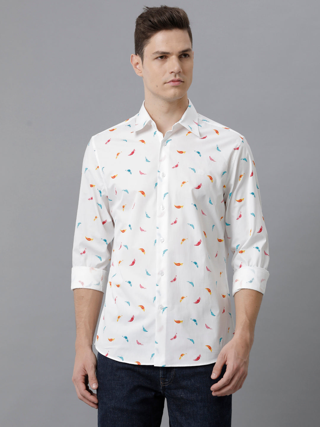Aldeno Mens Slim Fit Multi Color Feather AOP Casual Cotton Shirt (PIWOT)