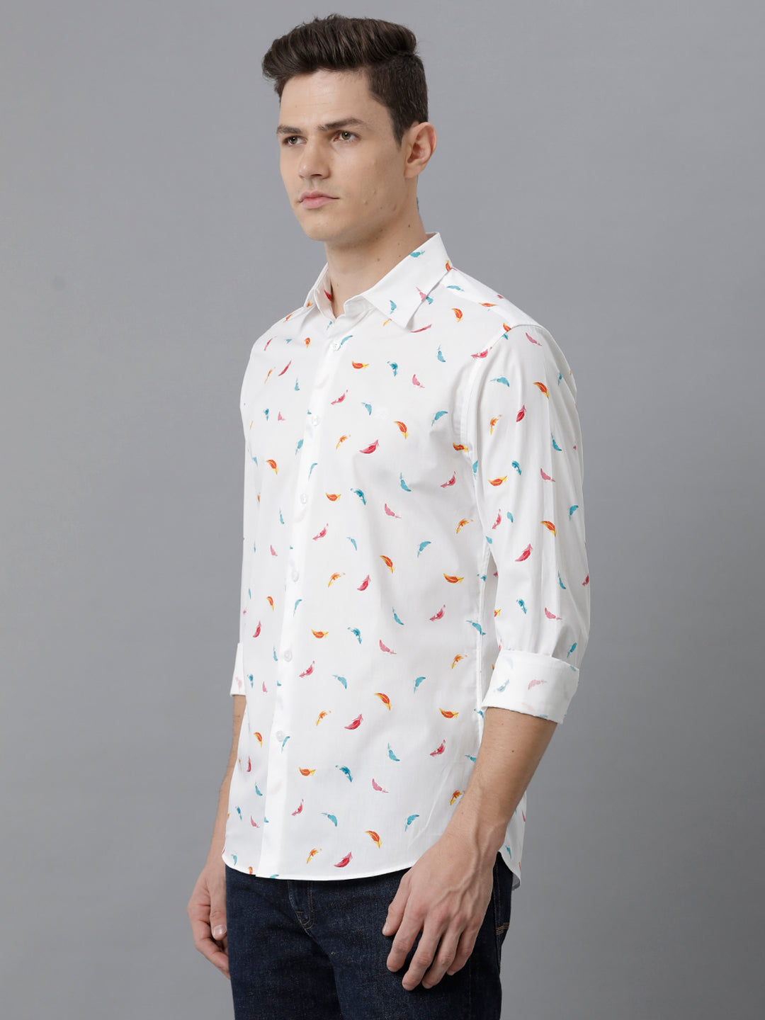 Aldeno Mens Slim Fit Multi Color Feather AOP Casual Cotton Shirt (PIWOT)