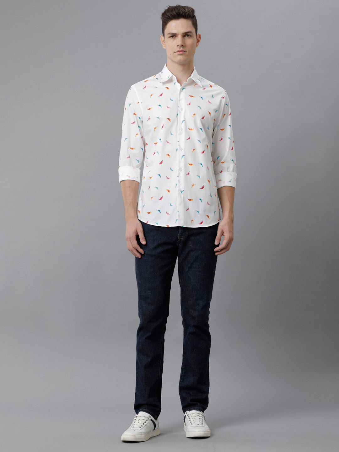 Aldeno Mens Slim Fit Multi Color Feather AOP Casual Cotton Shirt (PIWOT)