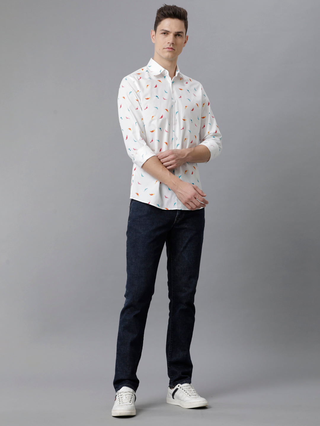 Aldeno Mens Slim Fit Multi Color Feather AOP Casual Cotton Shirt (PIWOT)