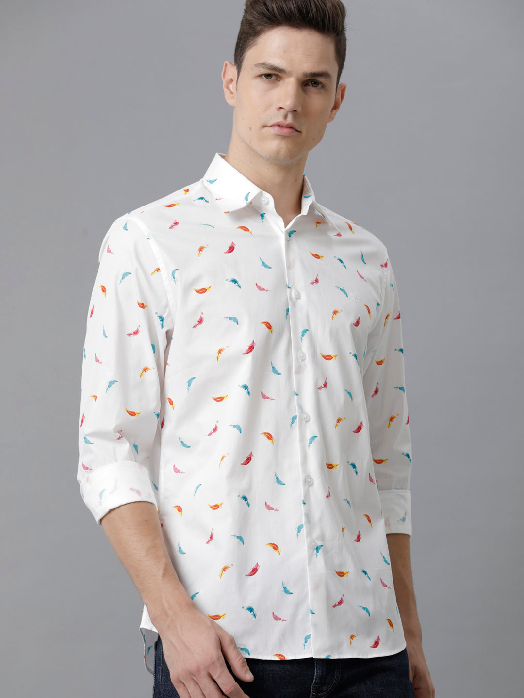 Aldeno Mens Slim Fit Multi Color Feather AOP Casual Cotton Shirt (PIWOT)