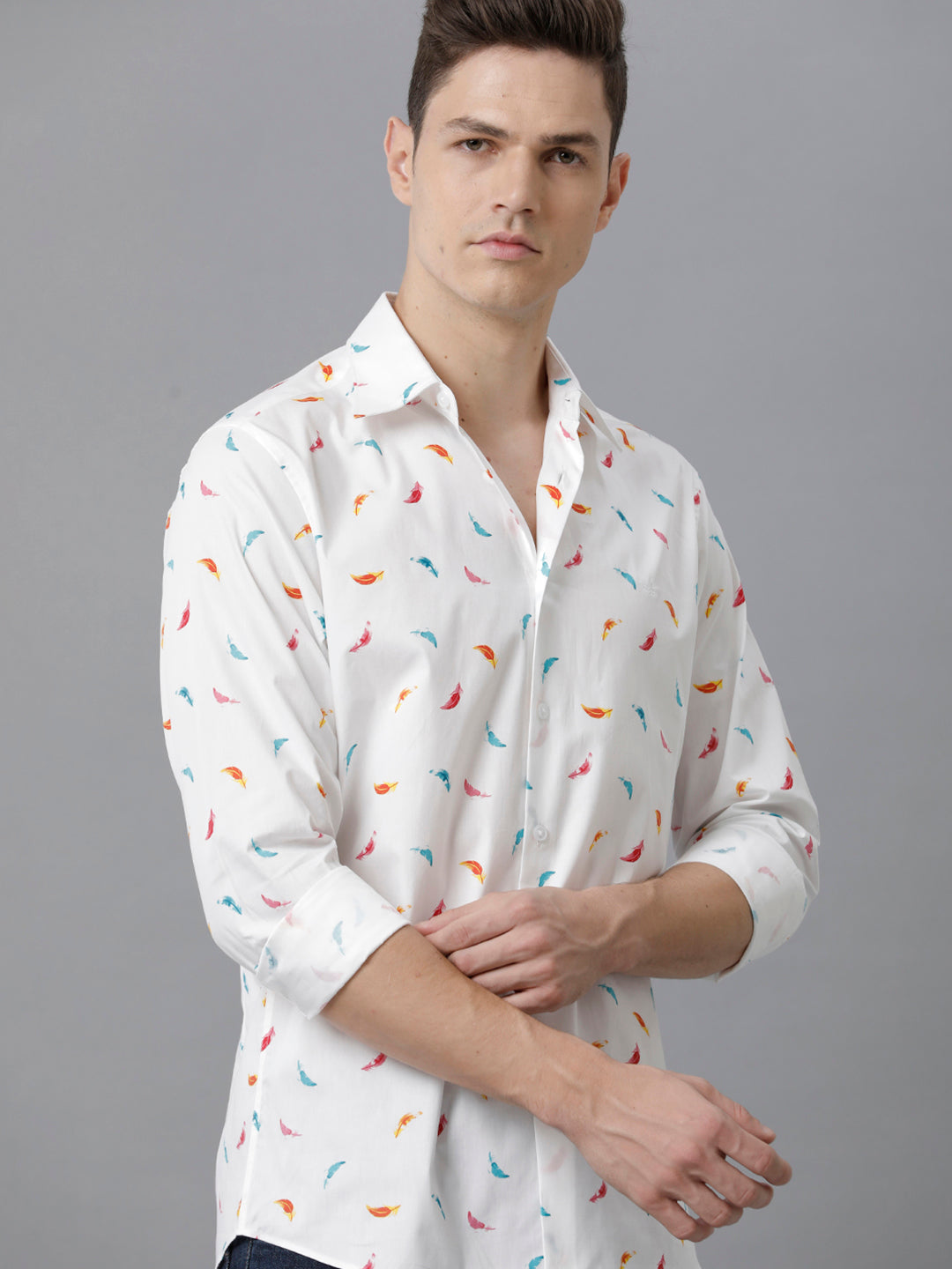 Aldeno Mens Slim Fit Multi Color Feather AOP Casual Cotton Shirt (PIWOT)
