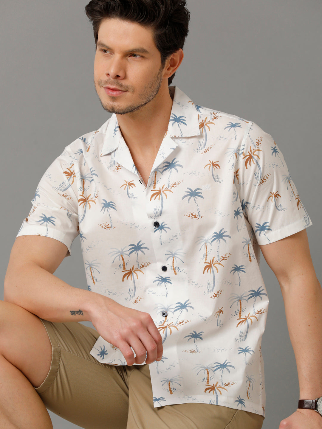 Aldeno Mens Regular Fit Floral Print White Casual Cotton Shirt (CALAN)