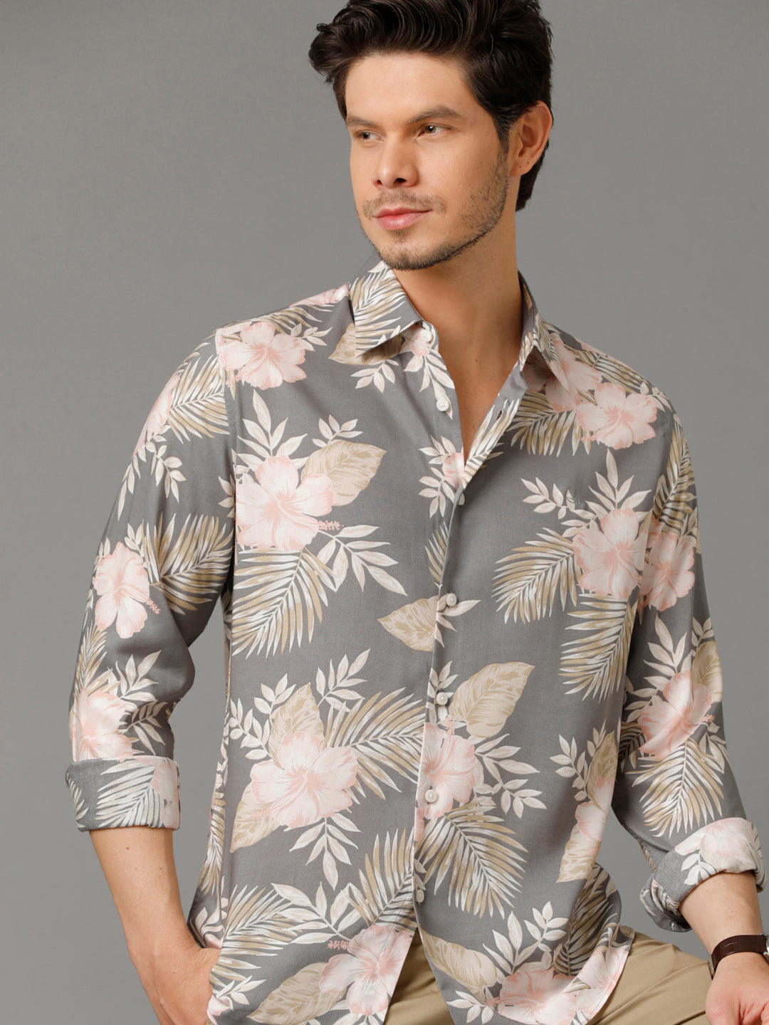 Aldeno Mens Slim Fit Floral Print Grey Casual Viscose Rayon Shirt (VALEN)