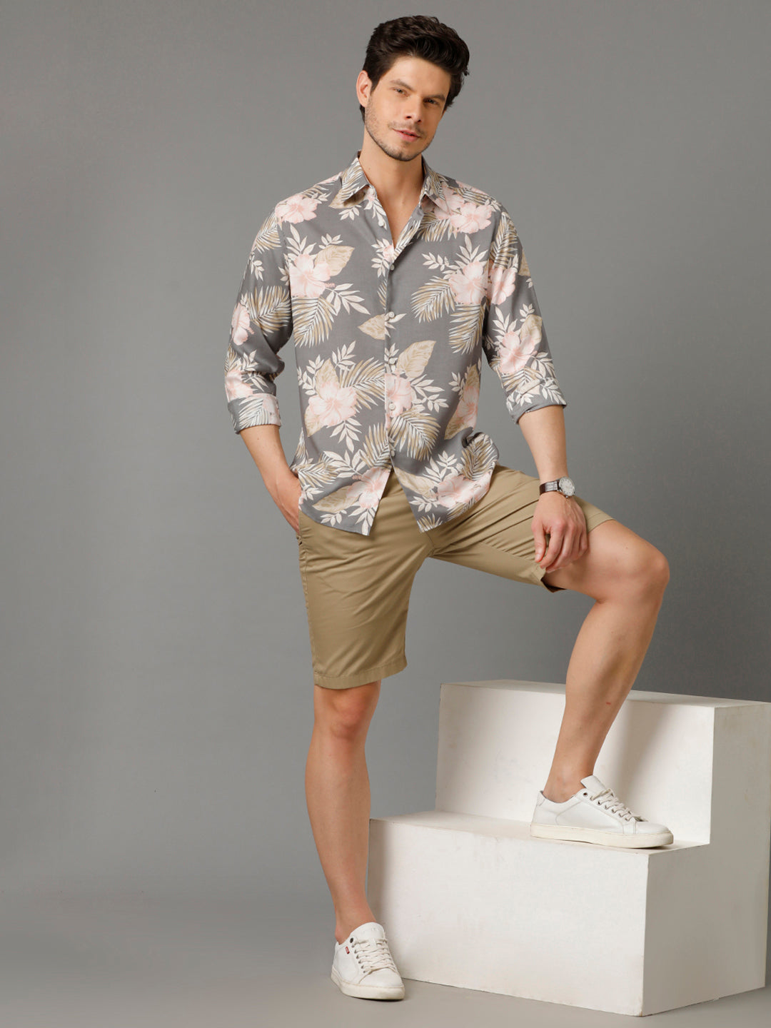 Aldeno Mens Slim Fit Floral Print Grey Casual Viscose Rayon Shirt (VALEN)