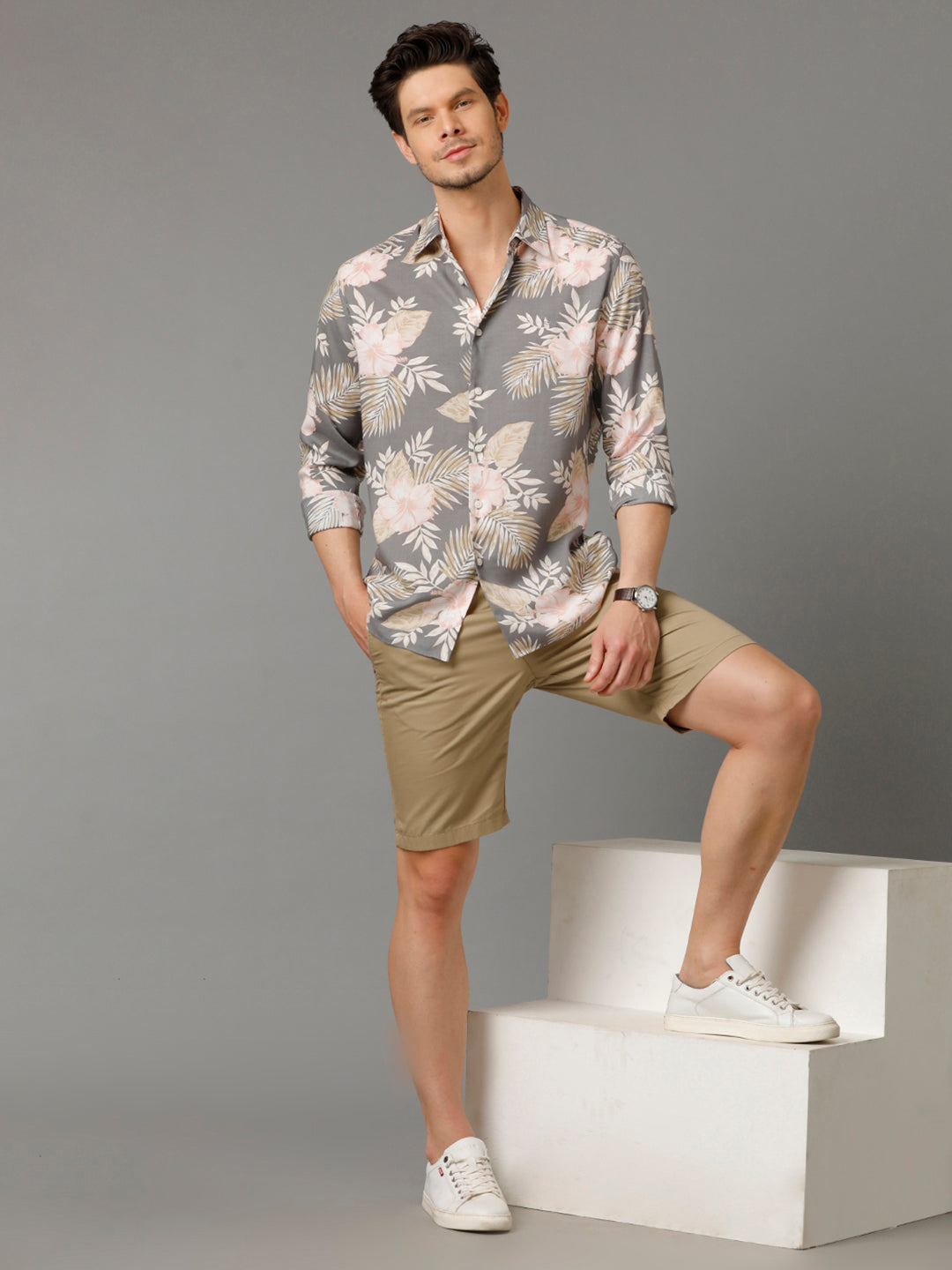 Aldeno Mens Slim Fit Floral Print Grey Casual Viscose Rayon Shirt (VALEN)