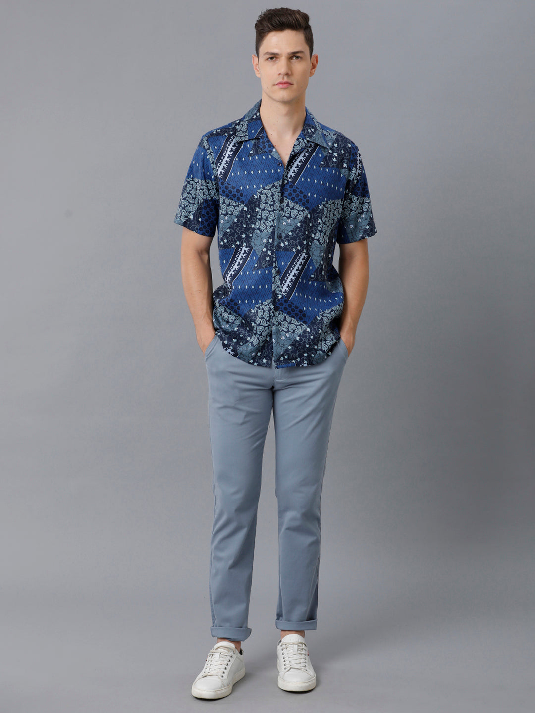 Aldeno Mens Slim Fit Check Navy/White Casual Cotton Blend Stretch Shirt (HARRY)