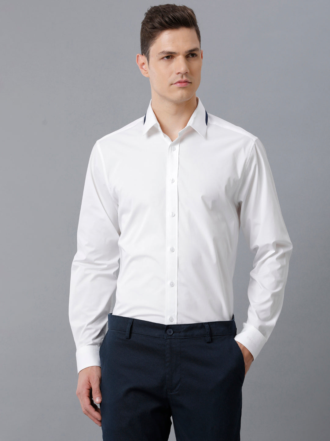 Aldeno Mens Regular Fit Solid White Formal Cotton Stretch Shirt (CLAUS)