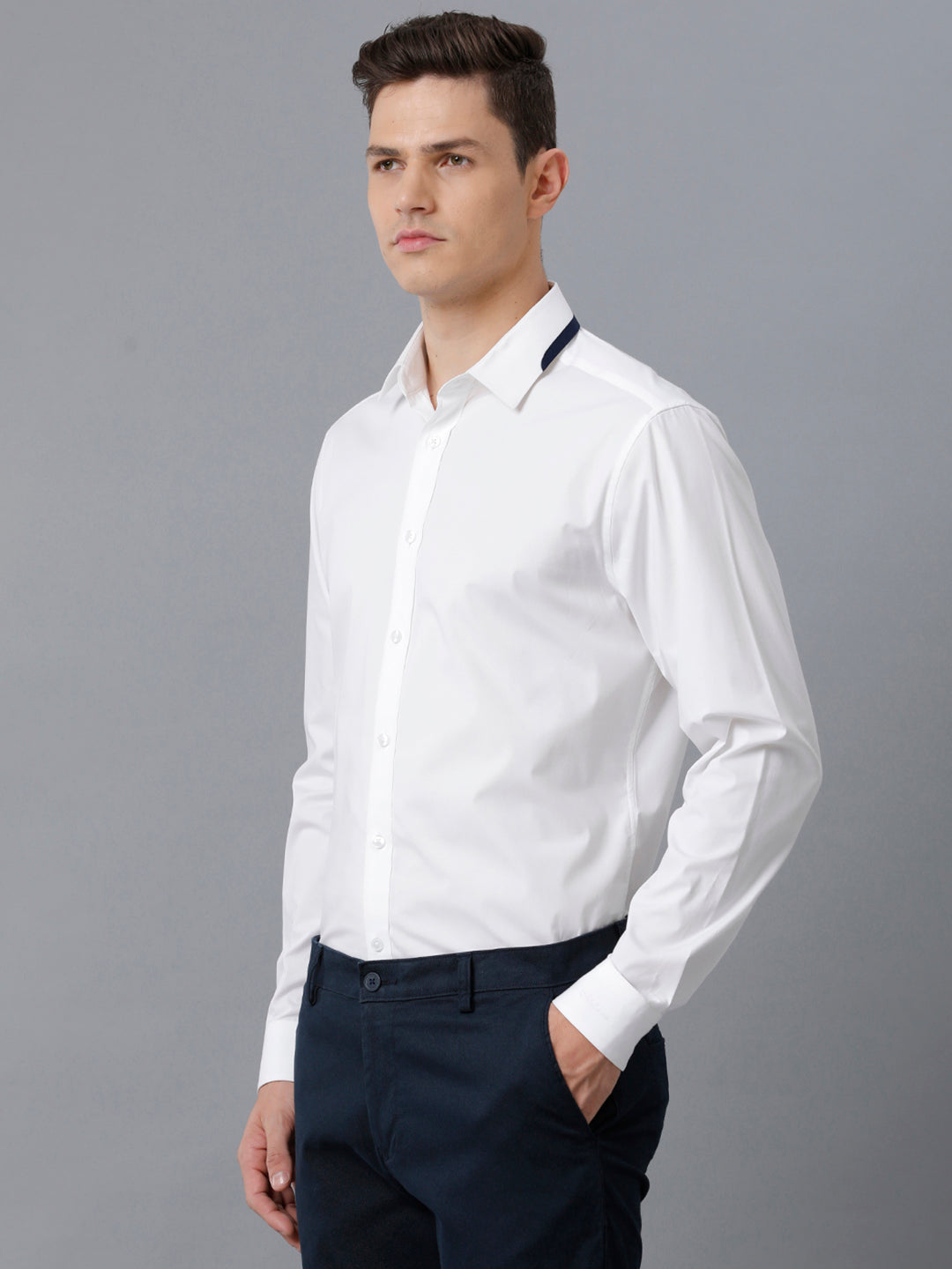 Aldeno Mens Regular Fit Solid White Formal Cotton Stretch Shirt (CLAUS)