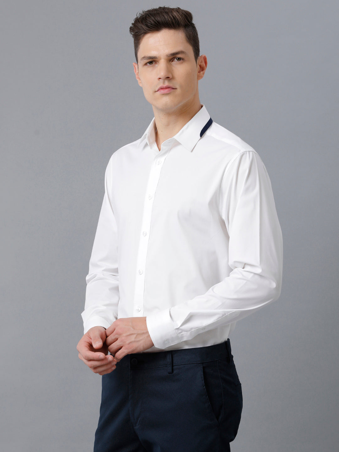 Aldeno Mens Regular Fit Solid White Formal Cotton Stretch Shirt (CLAUS)