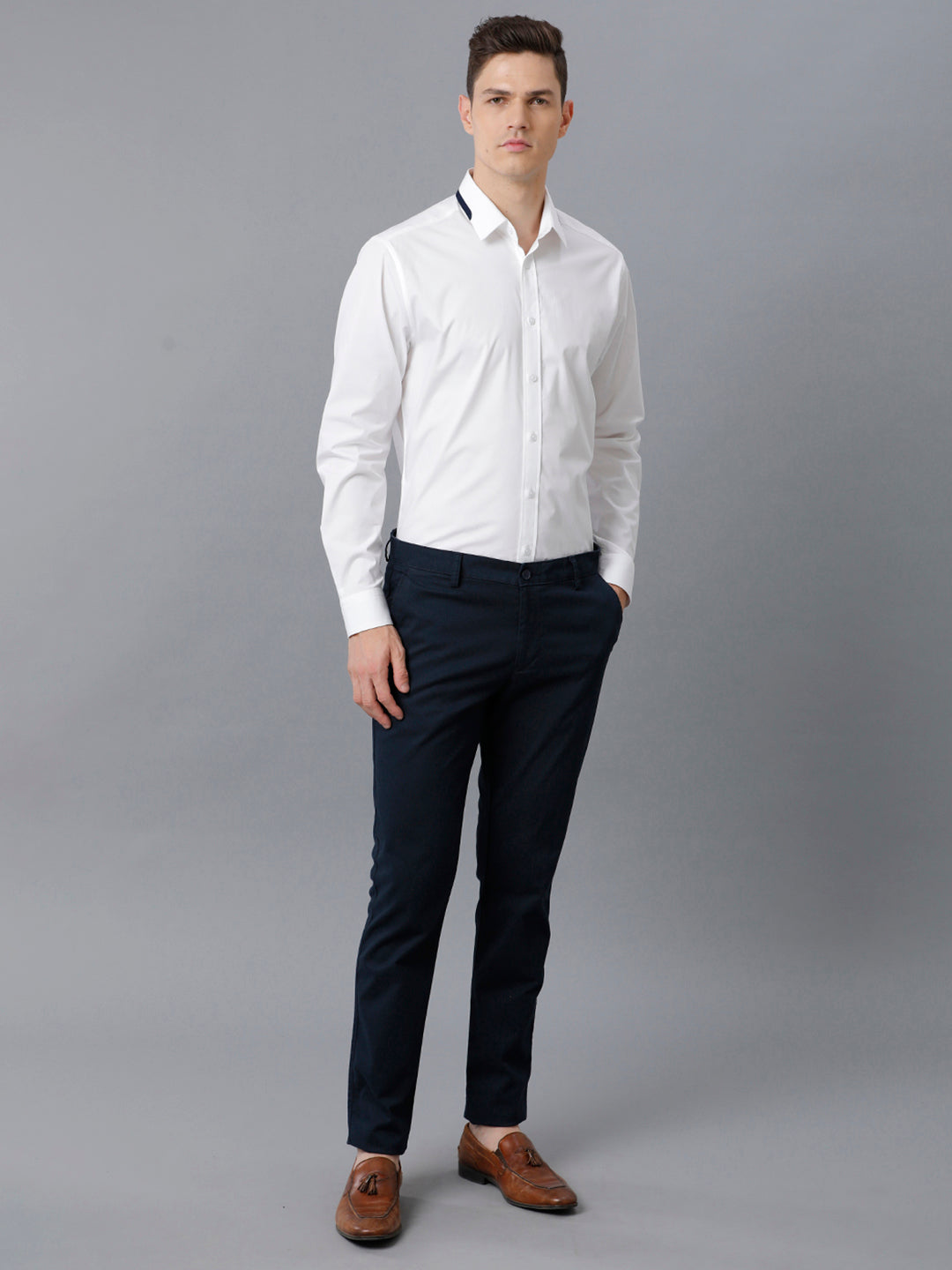 Aldeno Mens Regular Fit Solid White Formal Cotton Stretch Shirt (CLAUS)