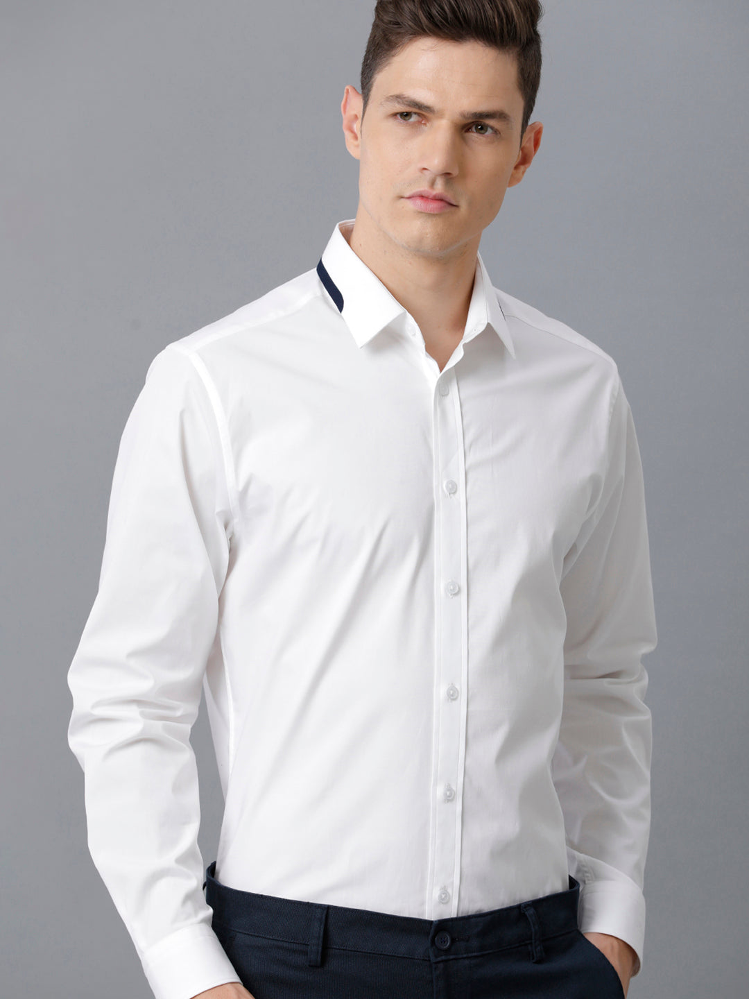 Aldeno Mens Regular Fit Solid White Formal Cotton Stretch Shirt (CLAUS)