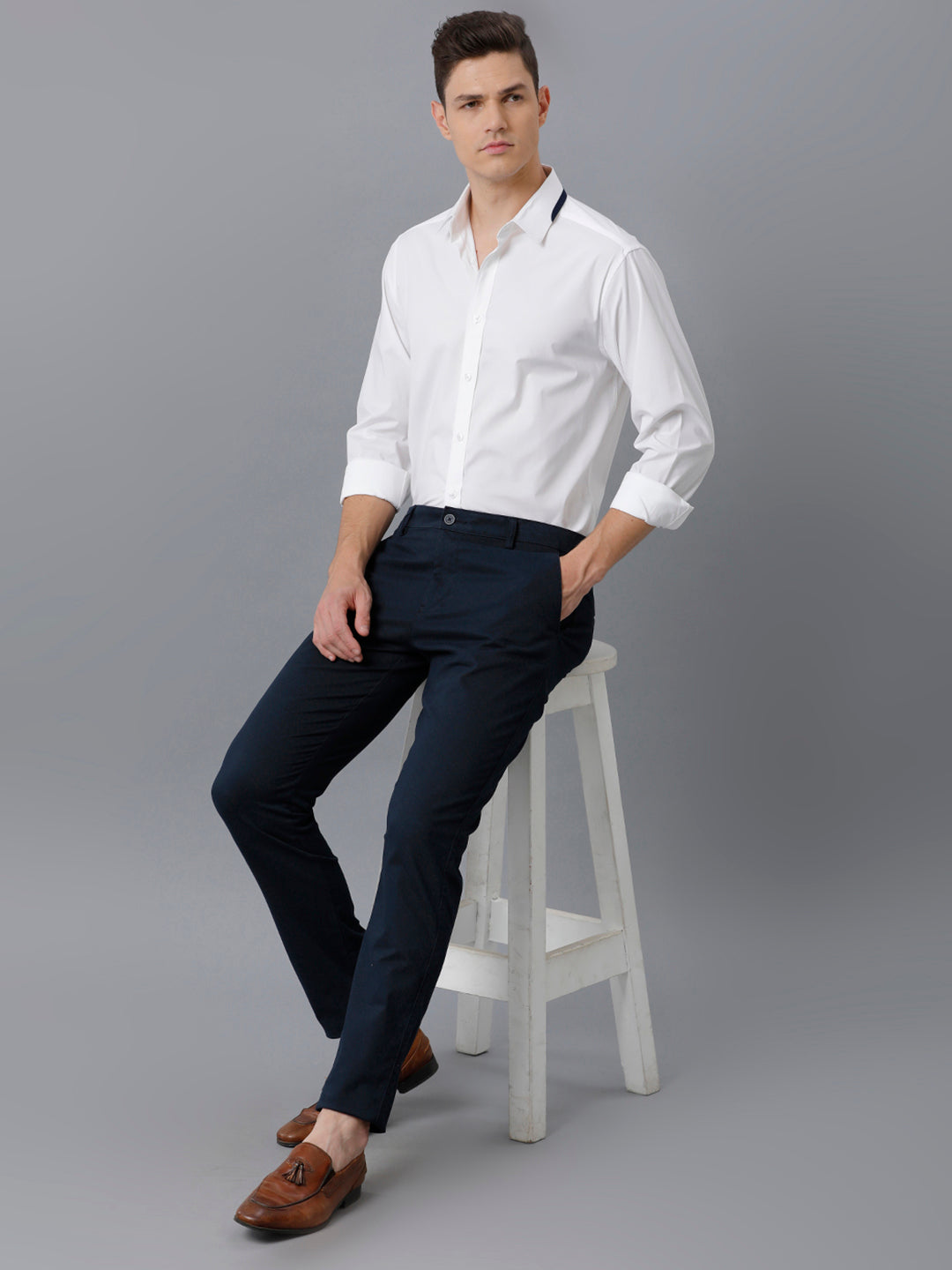 Aldeno Mens Regular Fit Solid White Formal Cotton Stretch Shirt (CLAUS)