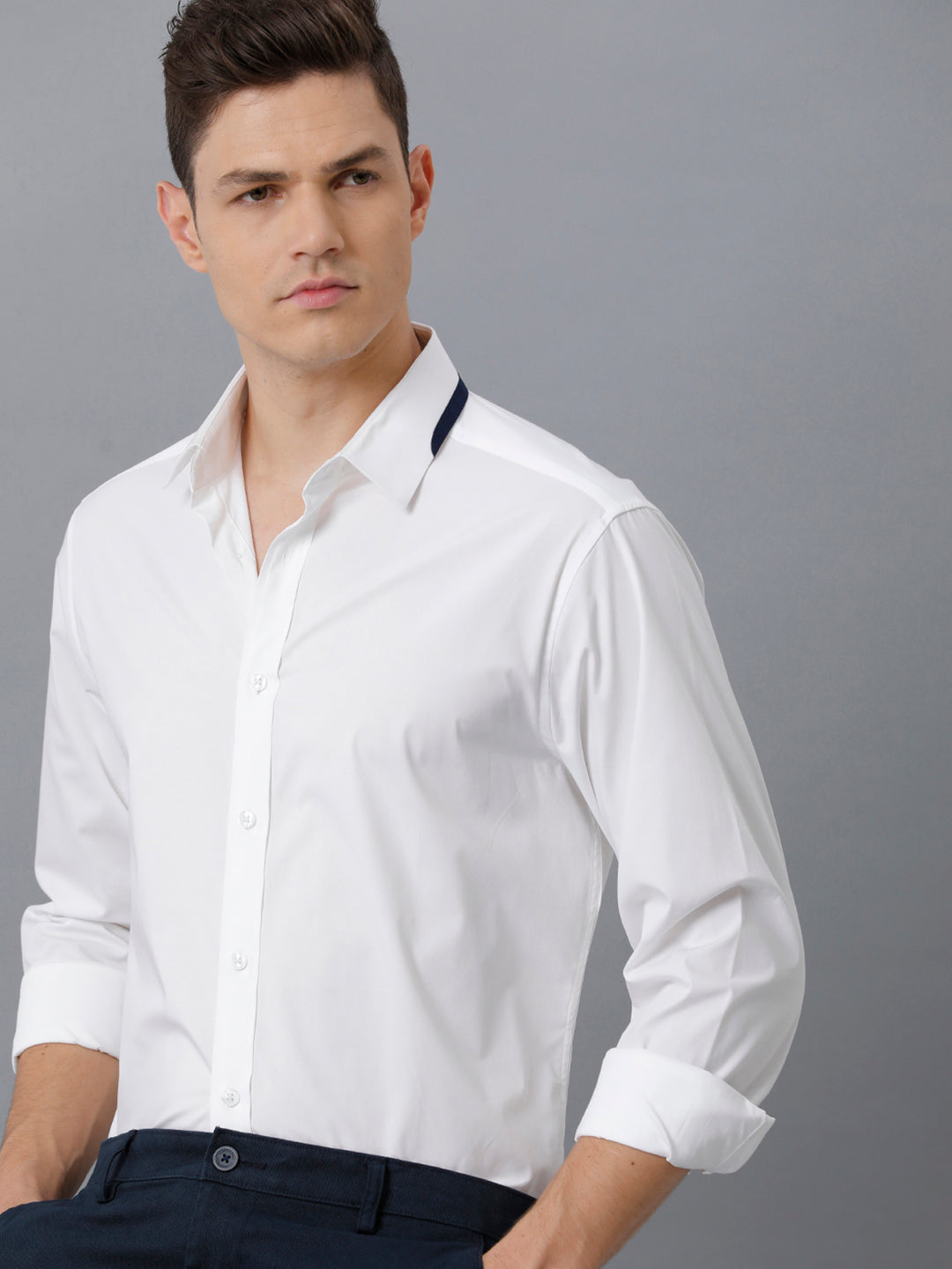 Aldeno Mens Regular Fit Solid White Formal Cotton Stretch Shirt (CLAUS)