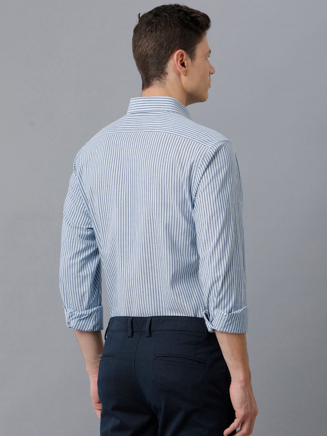 Aldeno Mens Regular Fit Powder Blue/Navy Stripe Casual Cotton Stretch Shirt (ELENA)