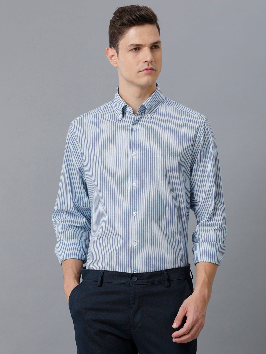 Aldeno Mens Regular Fit Powder Blue/Navy Stripe Casual Cotton Stretch Shirt (ELENA)
