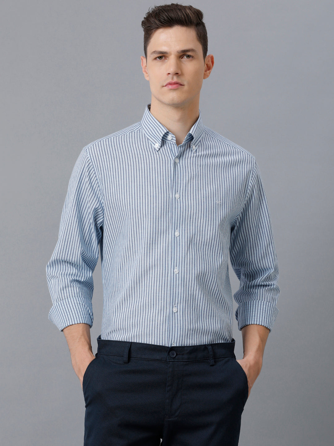 Aldeno Mens Regular Fit Powder Blue/Navy Stripe Casual Cotton Stretch Shirt (ELENA)