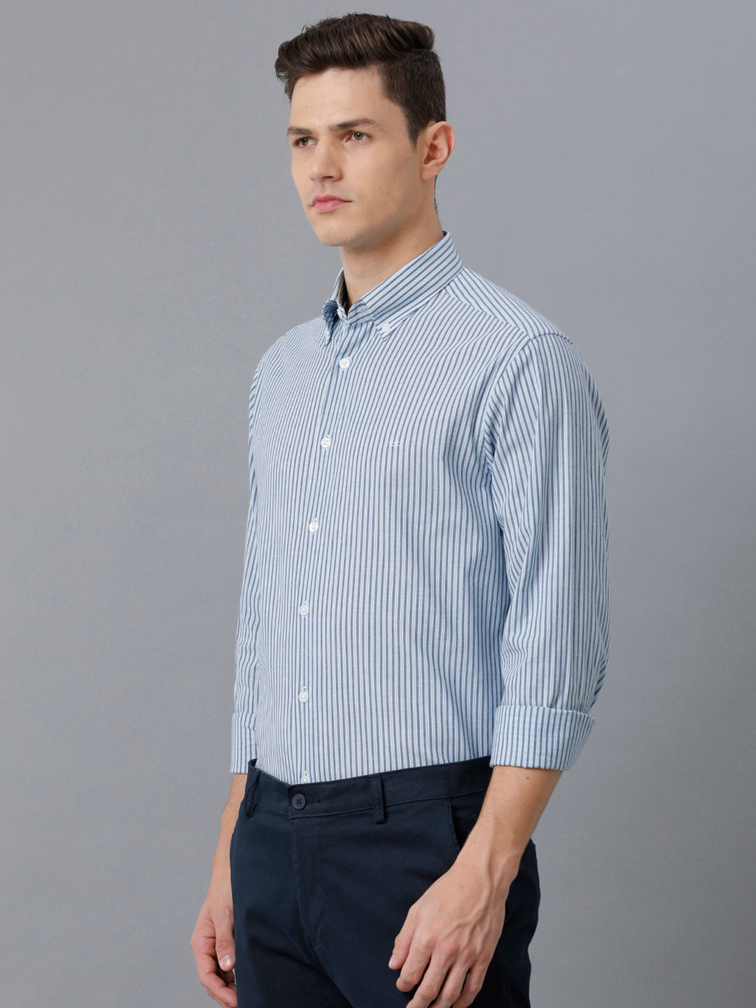Aldeno Mens Regular Fit Powder Blue/Navy Stripe Casual Cotton Stretch Shirt (ELENA)