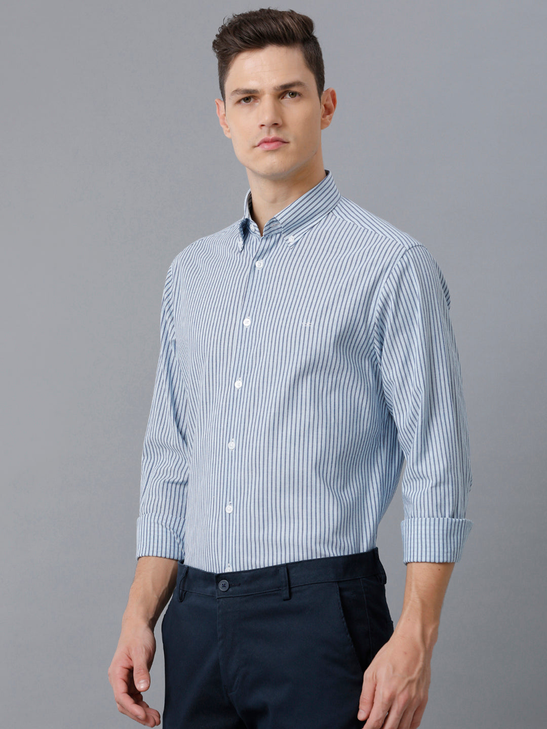 Aldeno Mens Regular Fit Powder Blue/Navy Stripe Casual Cotton Stretch Shirt (ELENA)