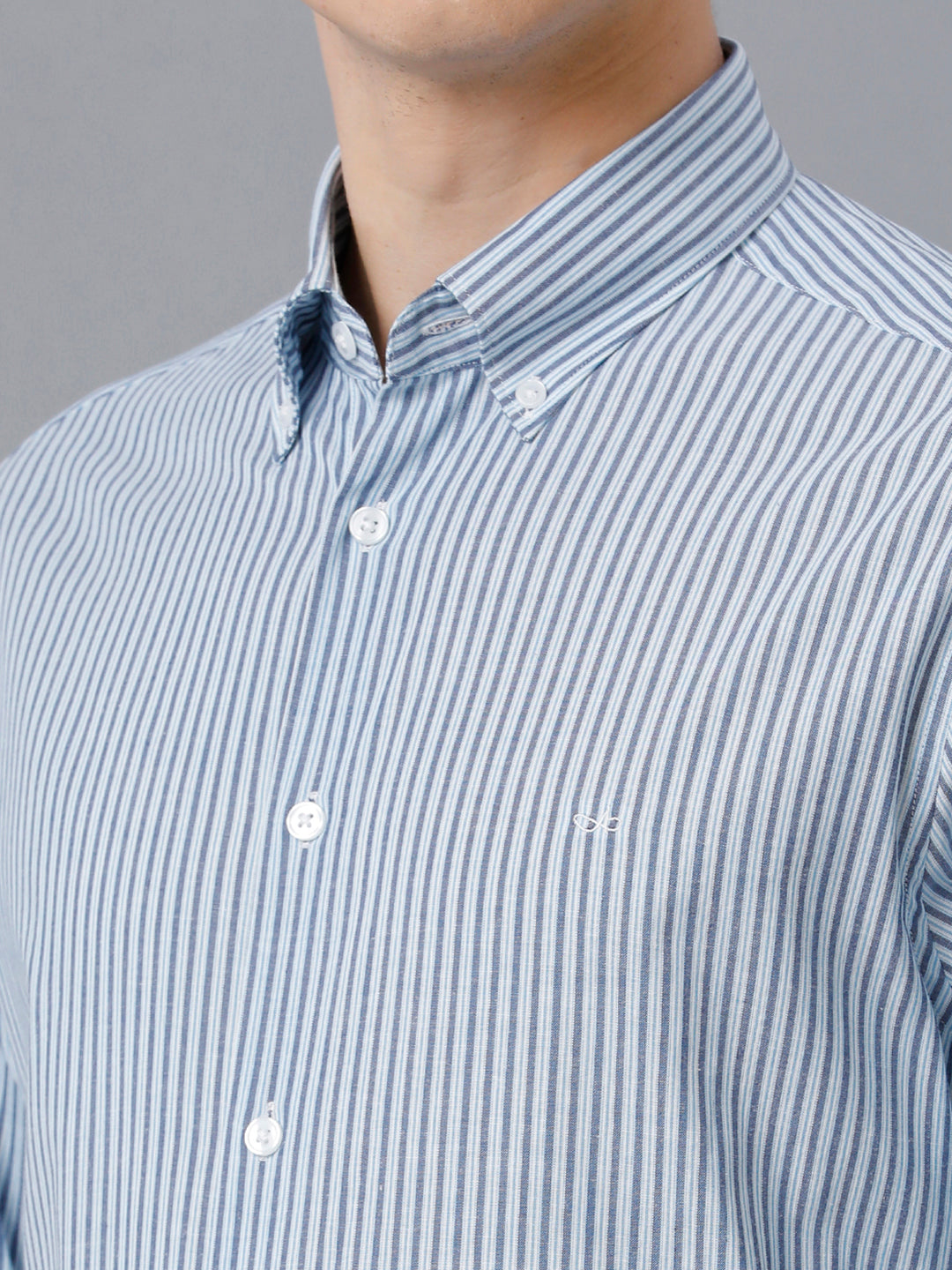 Aldeno Mens Regular Fit Powder Blue/Navy Stripe Casual Cotton Stretch Shirt (ELENA)