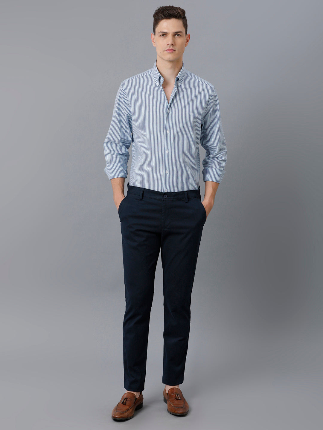 Aldeno Mens Regular Fit Powder Blue/Navy Stripe Casual Cotton Stretch Shirt (ELENA)