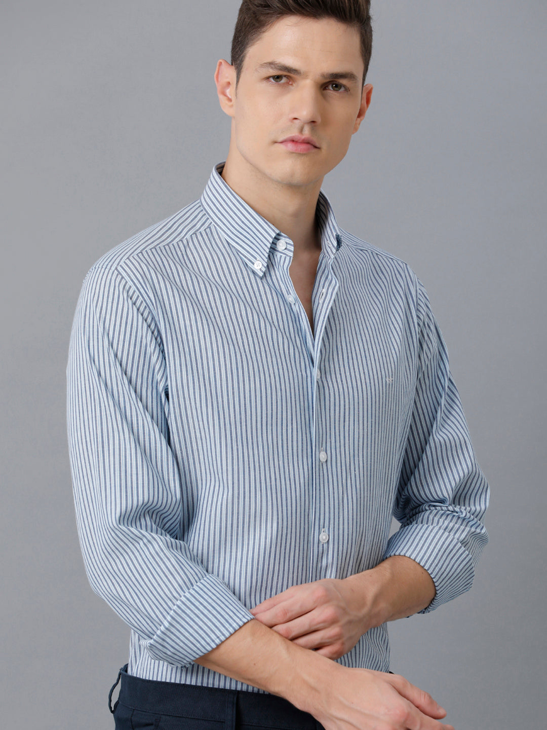 Aldeno Mens Regular Fit Powder Blue/Navy Stripe Casual Cotton Stretch Shirt (ELENA)