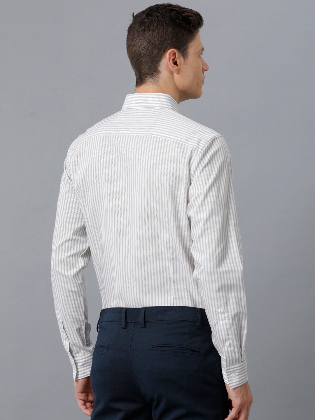 Aldeno Mens Slim Fit Stripe Light Grey/White Casual Cotton Shirt (TAIDE)