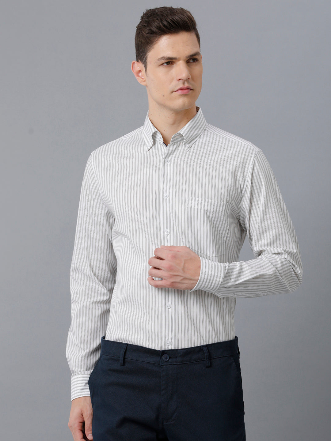 Aldeno Mens Slim Fit Stripe Light Grey/White Casual Cotton Shirt (TAIDE)