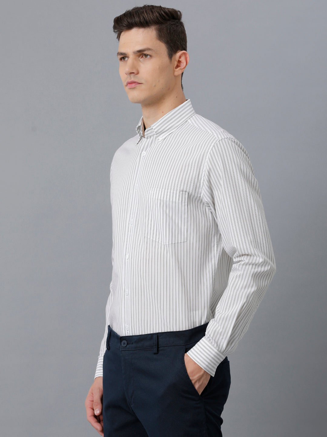 Aldeno Mens Slim Fit Stripe Light Grey/White Casual Cotton Shirt (TAIDE)