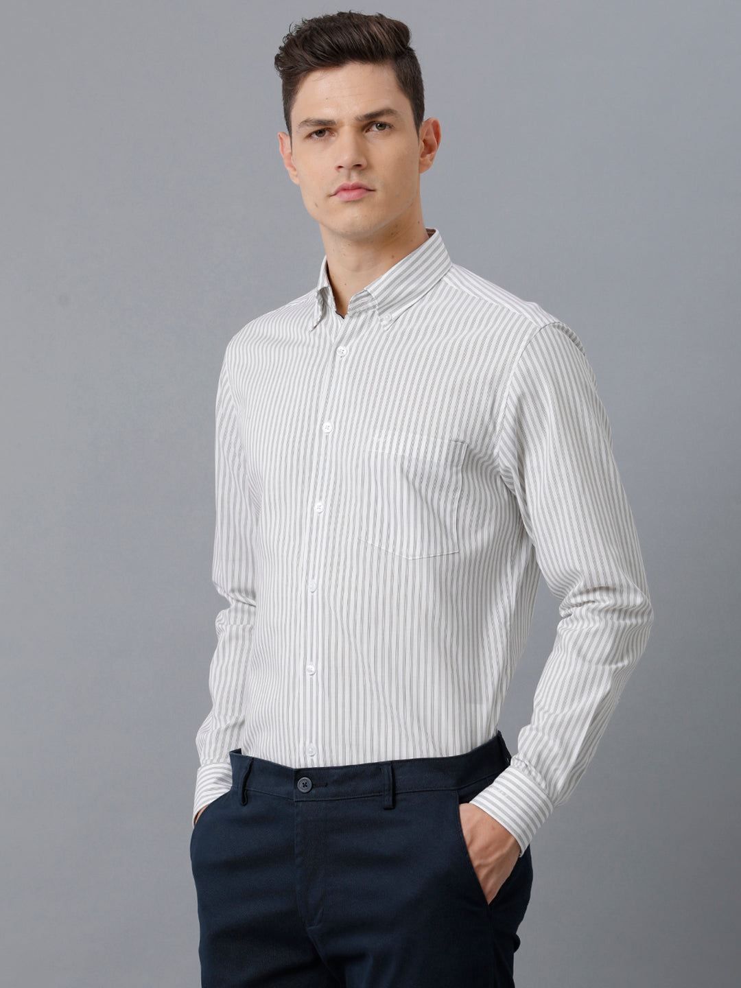Aldeno Mens Slim Fit Stripe Light Grey/White Casual Cotton Shirt (TAIDE)