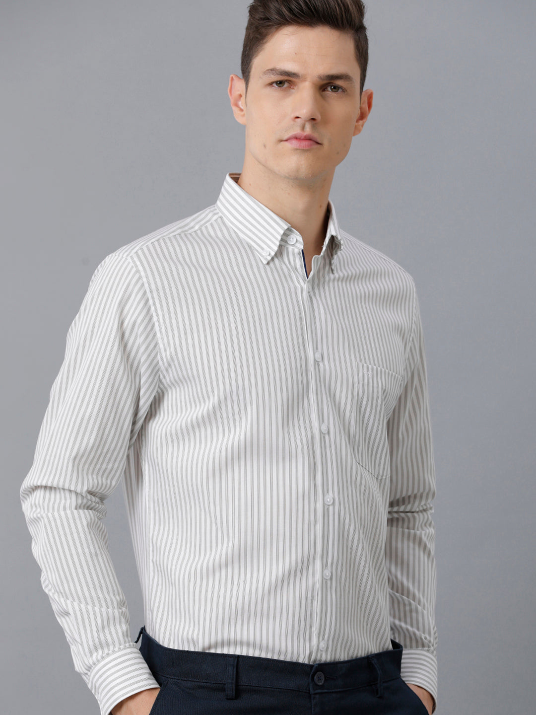 Aldeno Mens Slim Fit Stripe Light Grey/White Casual Cotton Shirt (TAIDE)
