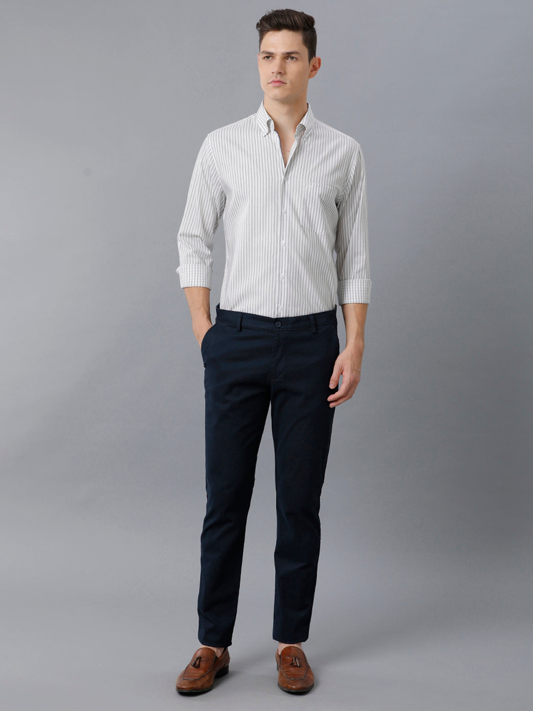 Aldeno Mens Slim Fit Stripe Light Grey/White Casual Cotton Shirt (TAIDE)
