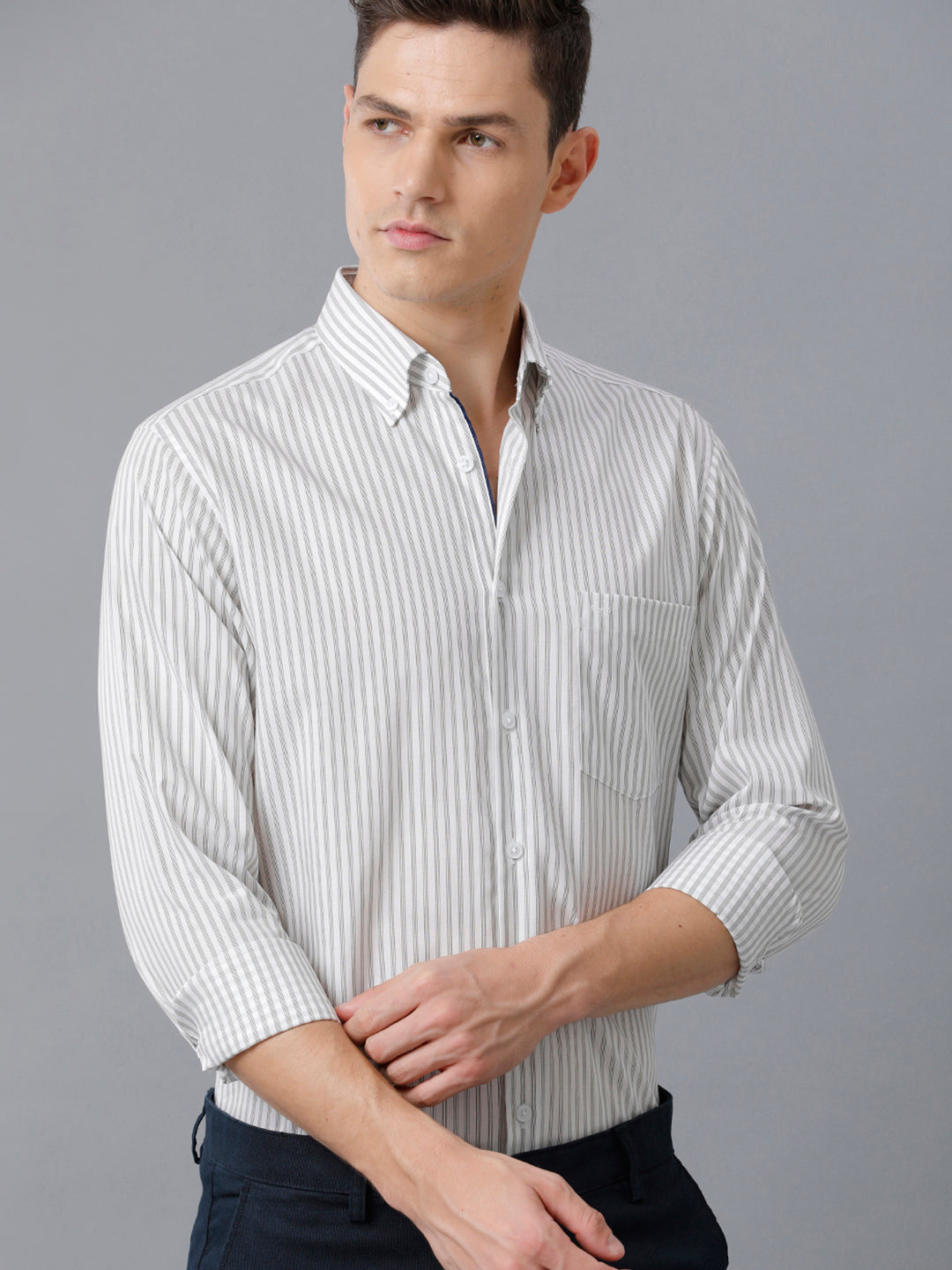 Aldeno Mens Slim Fit Stripe Light Grey/White Casual Cotton Shirt (TAIDE)
