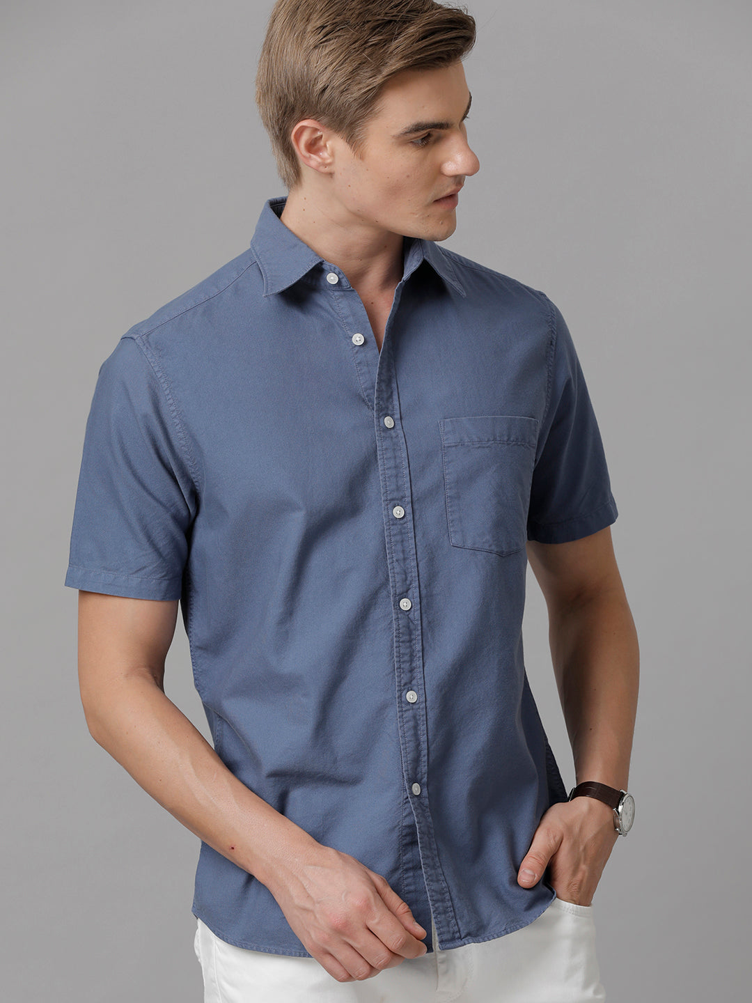 Aldeno Men Solid Casual Blue Shirt (OLIXY)