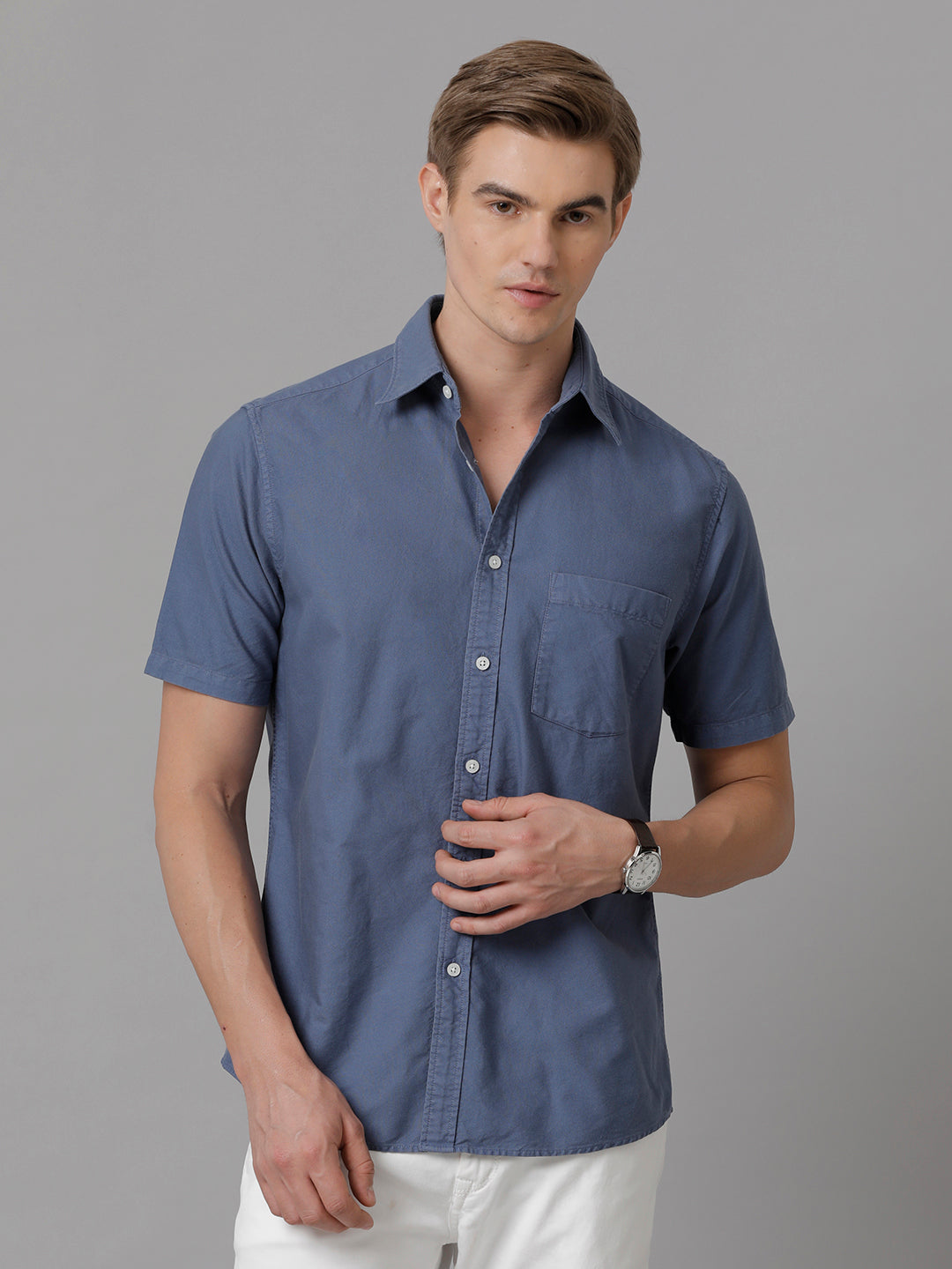 Aldeno Men Solid Casual Blue Shirt (OLIXY)