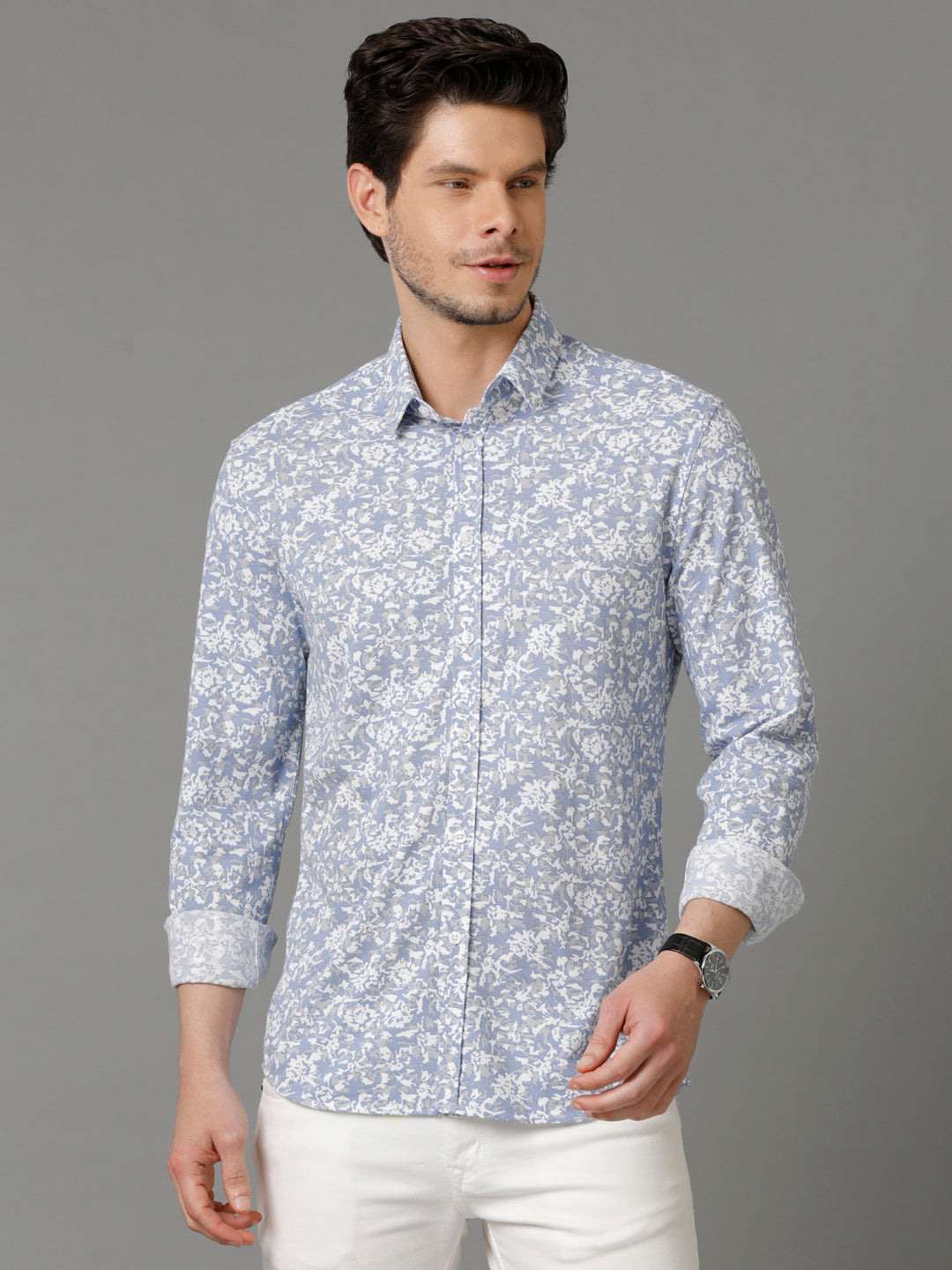 Aldeno Mens Regular Fit Abstract Print White Casual Knitted Cotton Shirt (CLAVE)
