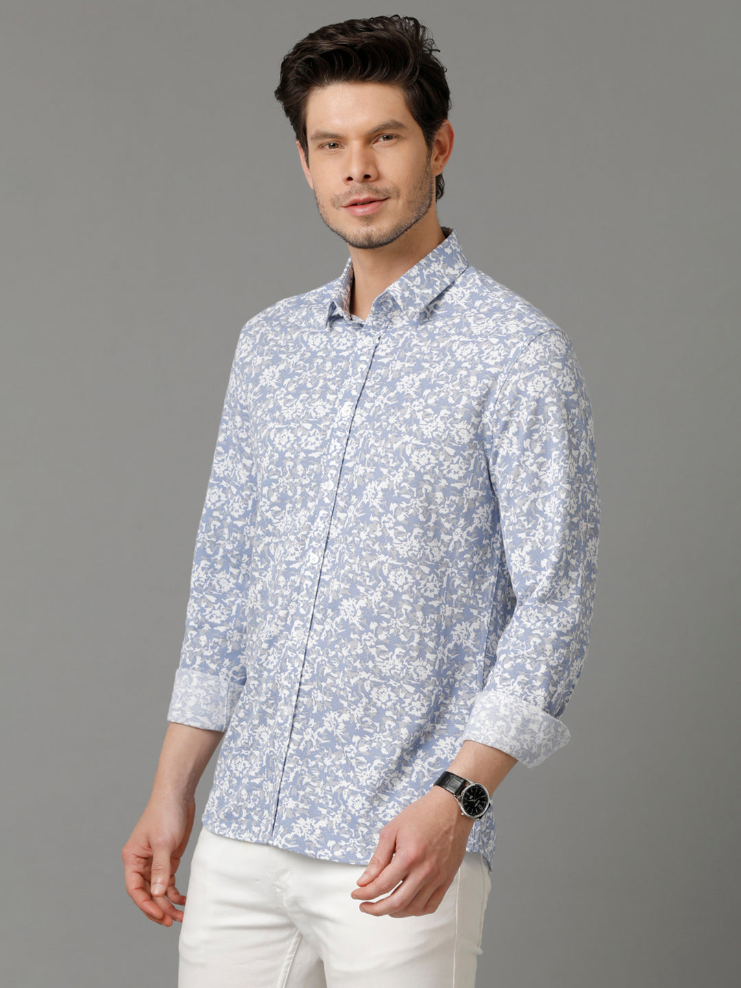 Aldeno Mens Regular Fit Abstract Print White Casual Knitted Cotton Shirt (CLAVE)