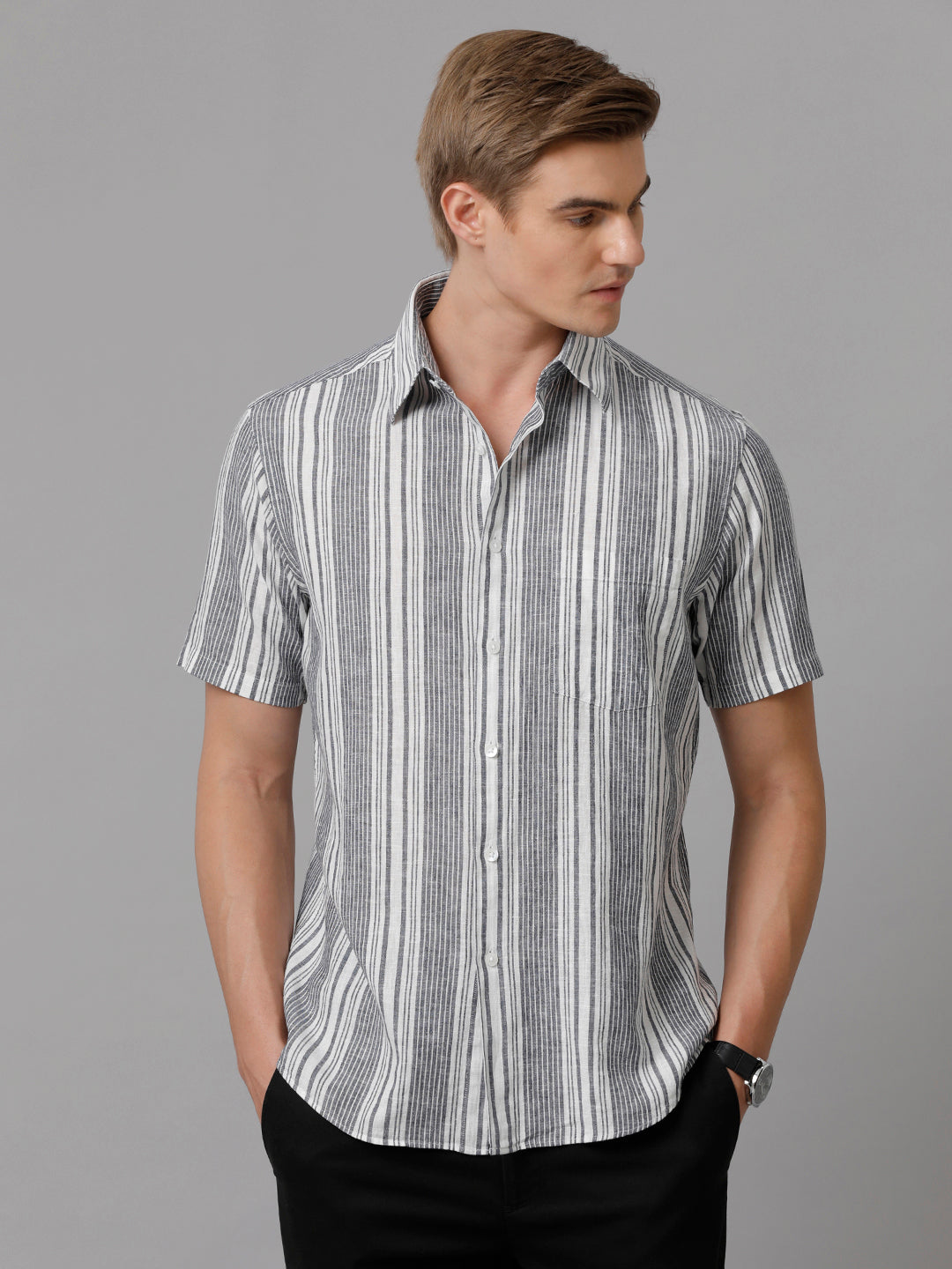 Aldeno Men Striped Casual Grey Shirt (LUCIO)