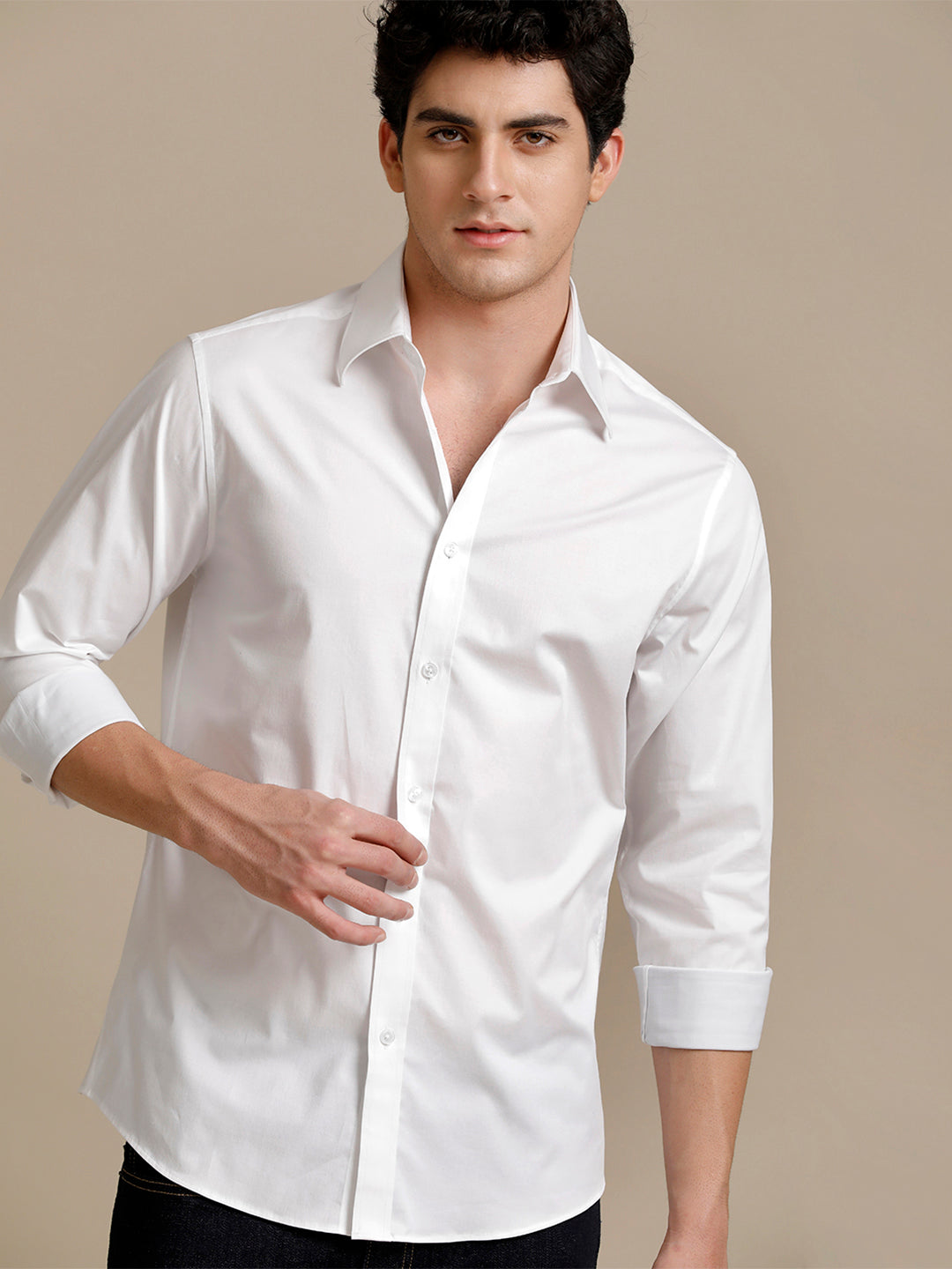 Aldeno Mens Regular Fit Solid White Formal Cotton Stretch Shirt (CLOYD)