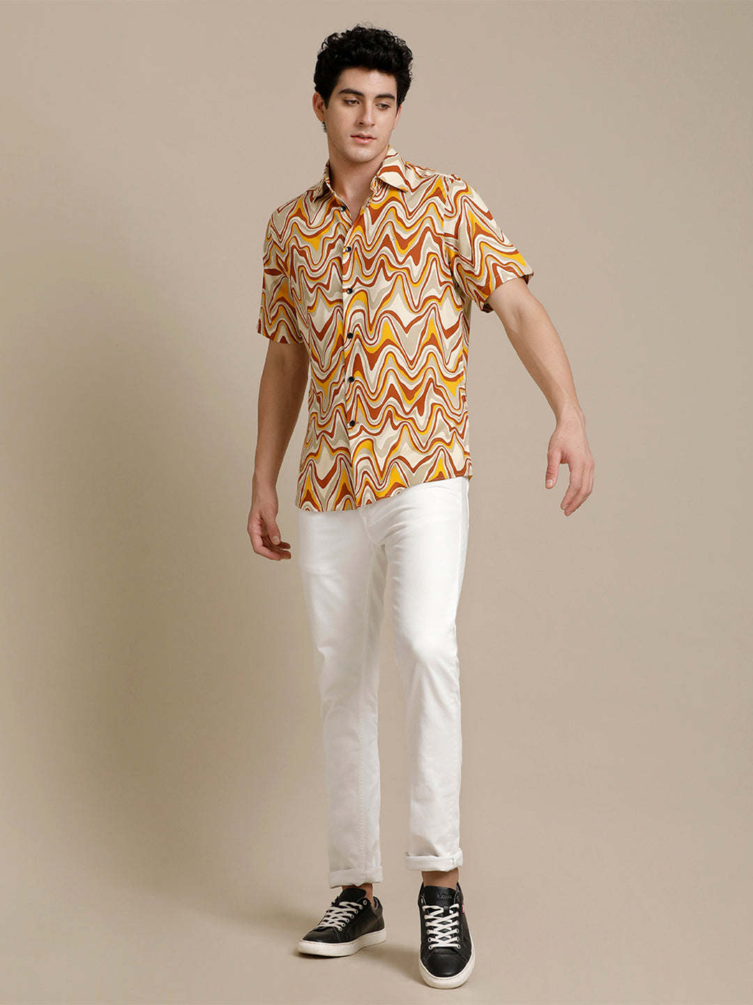 Aldeno Mens Regular Fit Abstract Beige/Rust/Yellow Casual Rayon Shirt (PIMUL)