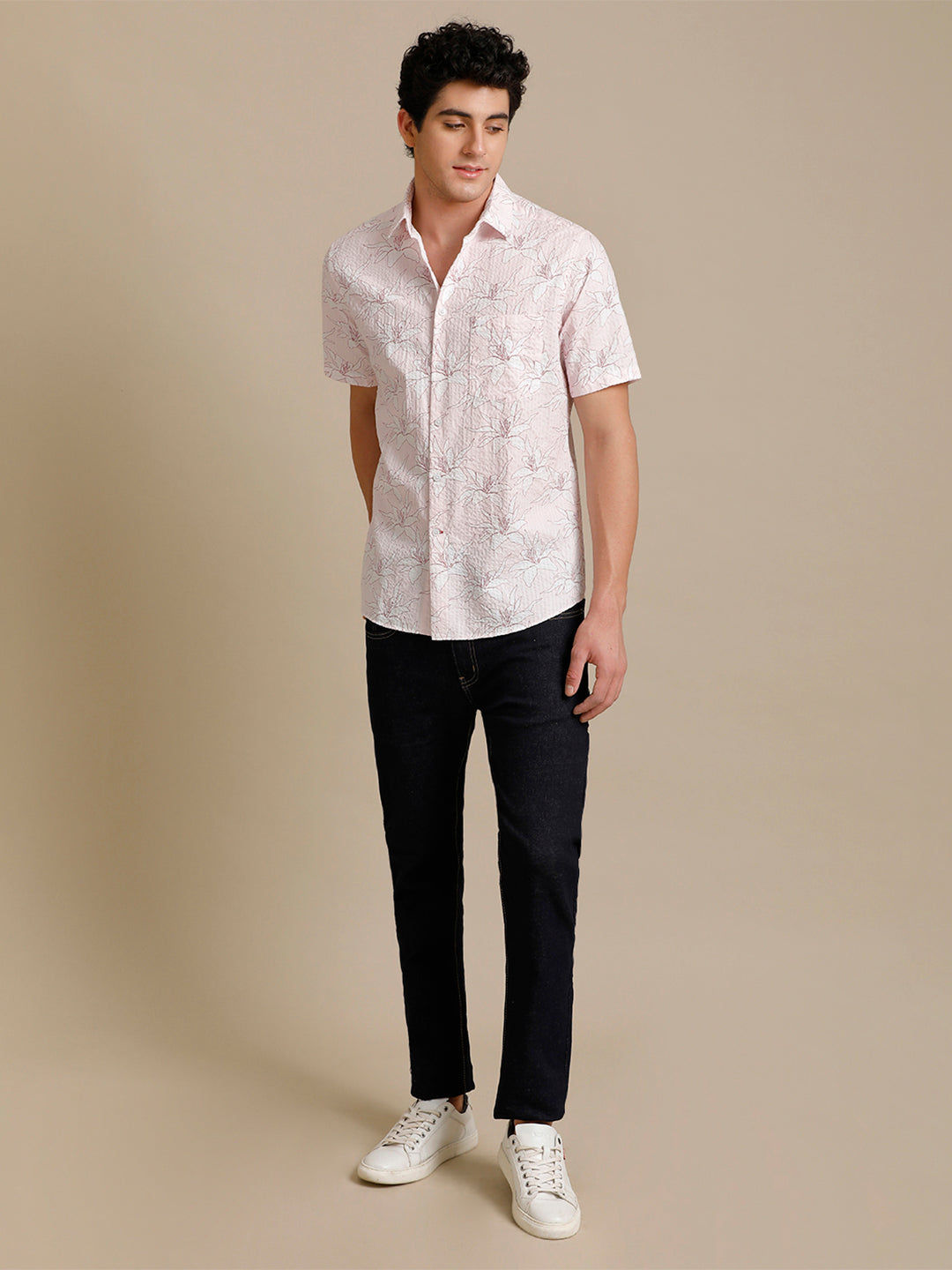 Aldeno Mens Regular Fit Floral Aop Pink/White Casual Cotton Shirt (FLOPIN)