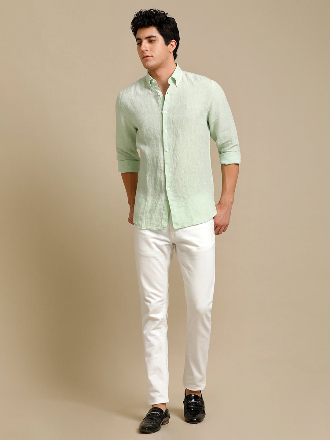 Aldeno Mens Regular Fit Tea Green Solid Casual Linen Shirt (LAGON)