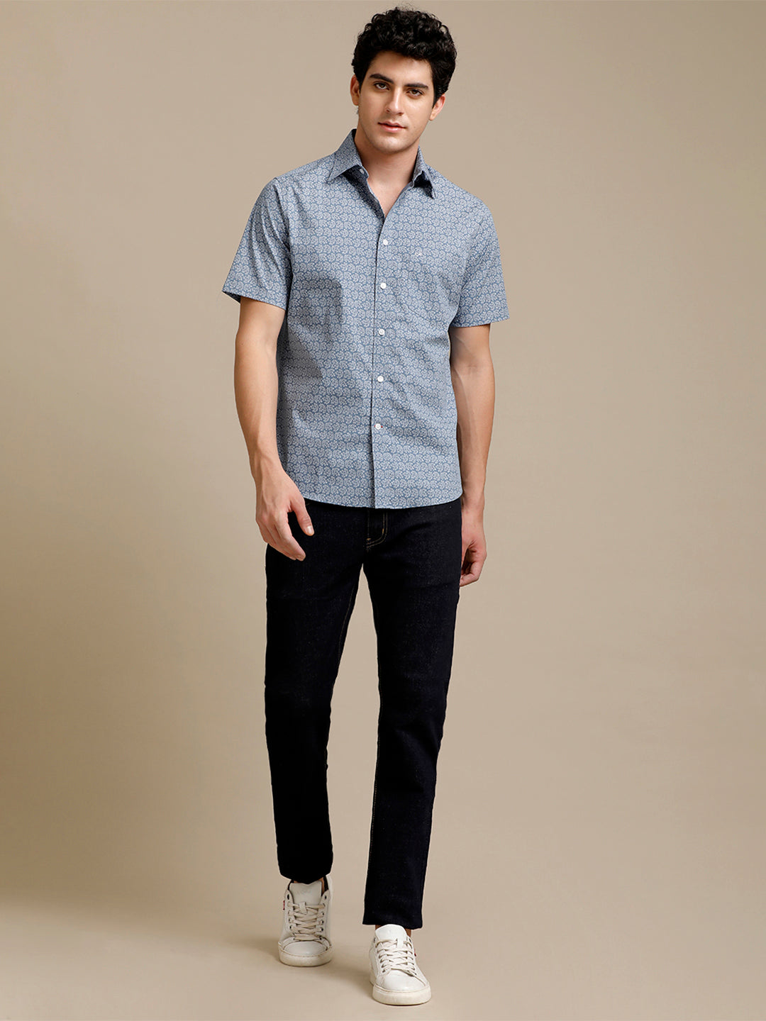 Aldeno Mens Regular Fit Steel Blue Abstract Aop Casual Cotton Blend Stretch Shirt (HANJA)