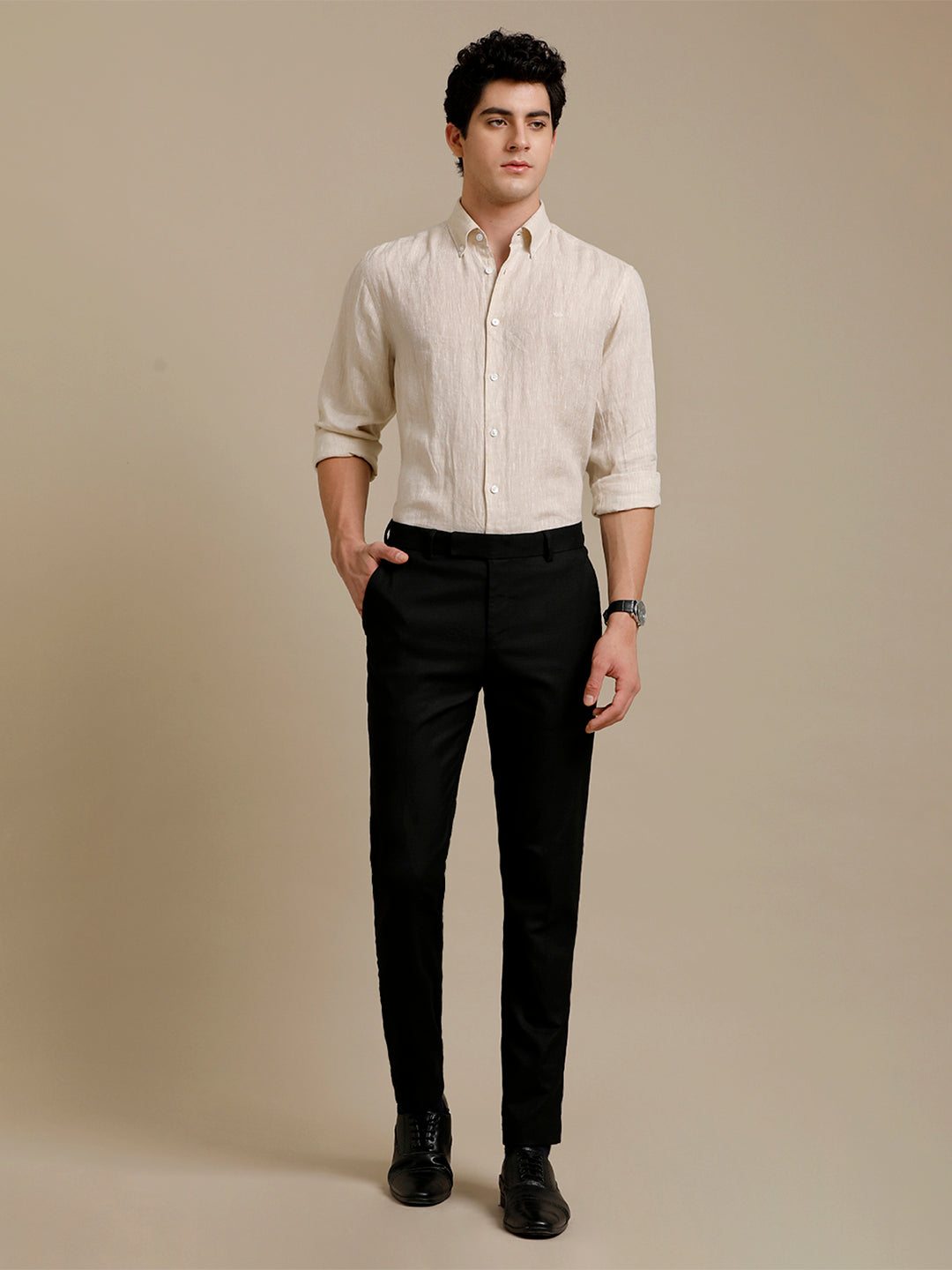 Aldeno Mens Regular Fit Cream Solid Casual Linen Shirt (LACEG)