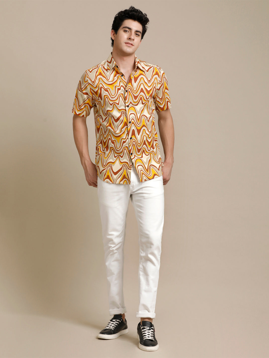 Aldeno Mens Regular Fit Abstract Beige/Rust/Yellow Casual Rayon Shirt (PIMUL)
