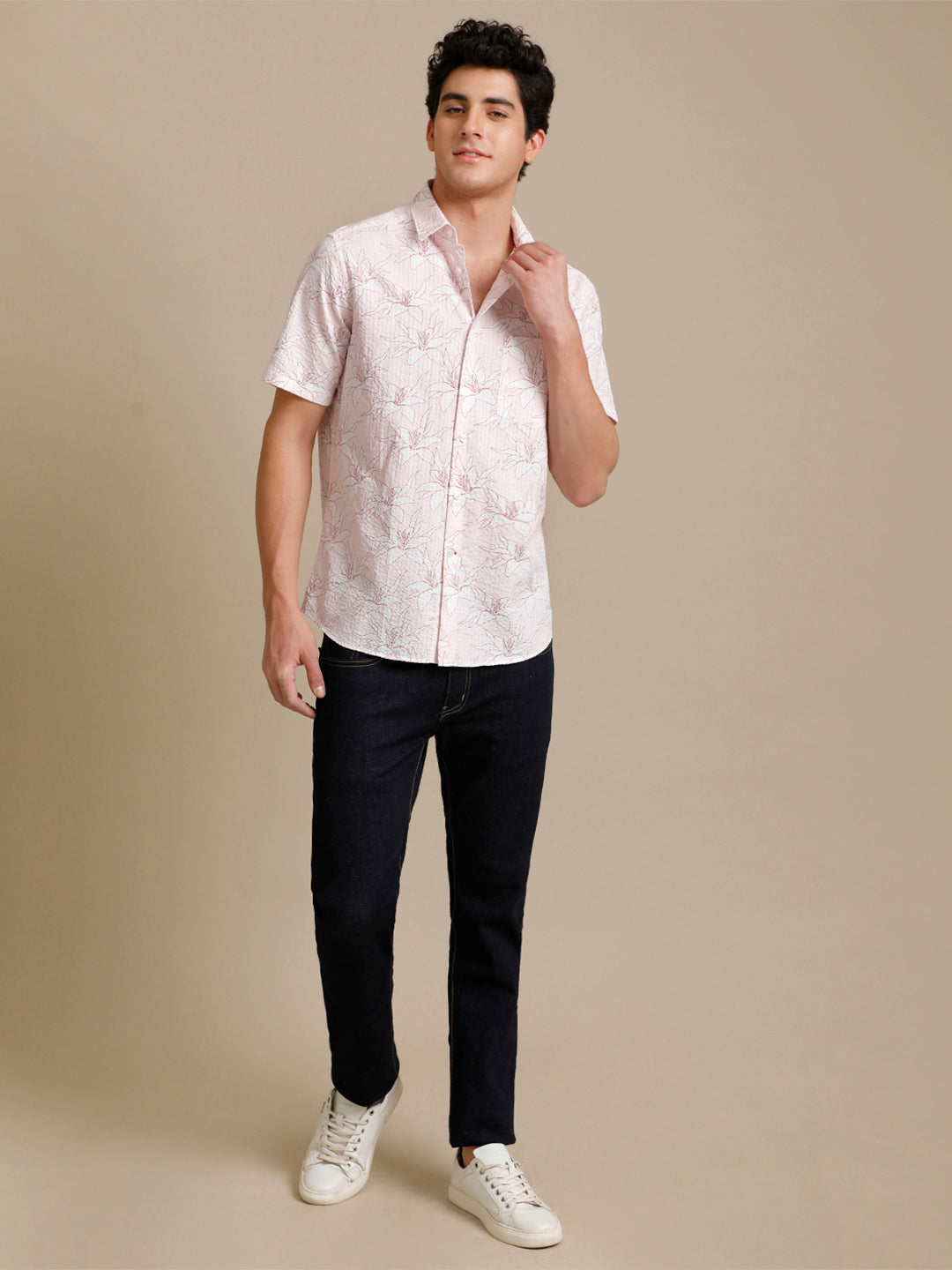 Aldeno Mens Regular Fit Floral Aop Pink/White Casual Cotton Shirt (FLOPIN)